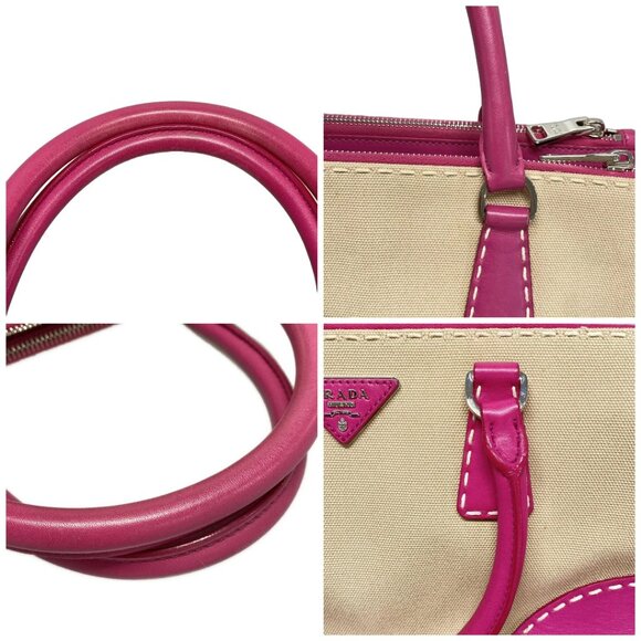 Auth PRADA Canapa City B1801K Beige Pink Leather Canvas Tote Bag - Picture 16 of 16